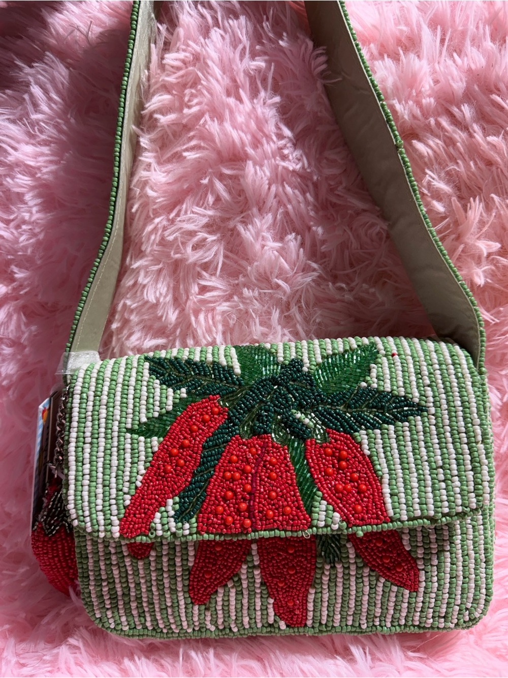 Beaded Red Chili Shoulder Bag with Green Background